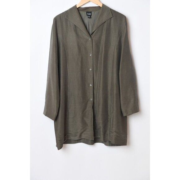 Eileen Fisher 100% Silk Long Sleeve Button Up Dress Olive Green Sz L